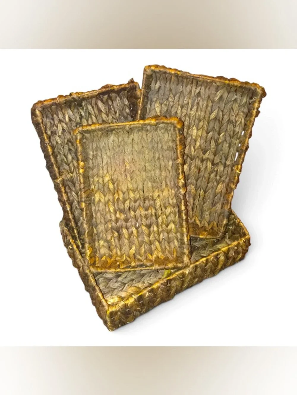 Woven Seagrass Organizer Set Of 4 Nesting 4Baskets W/Handles Natural dark Brown